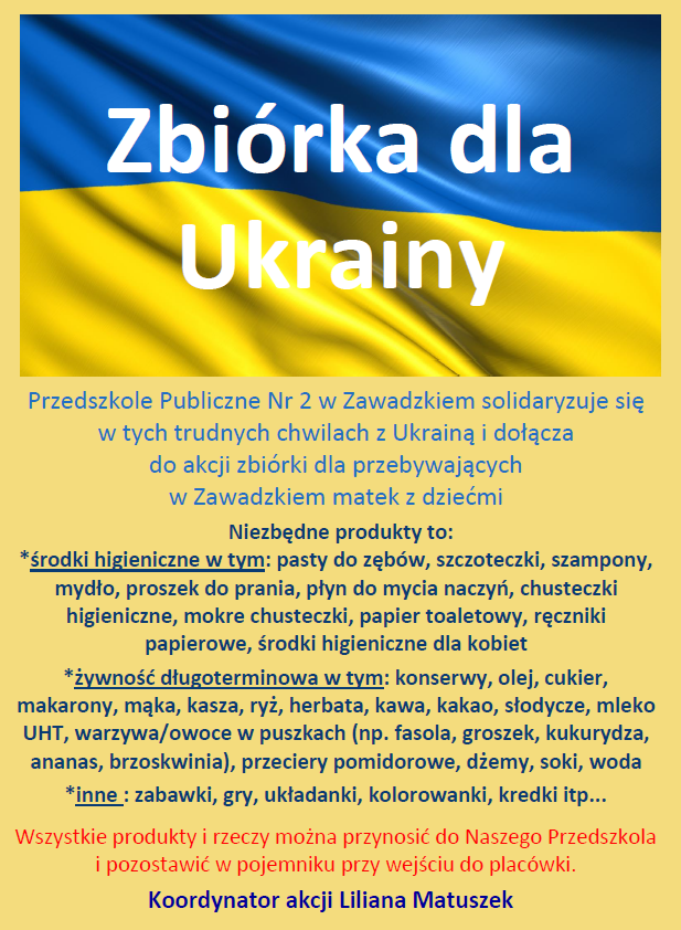 Plakat-ogłoszenie o zbiórce charytatywnej dla rodzin z Ukrainy przebywających w Zawadzkiem