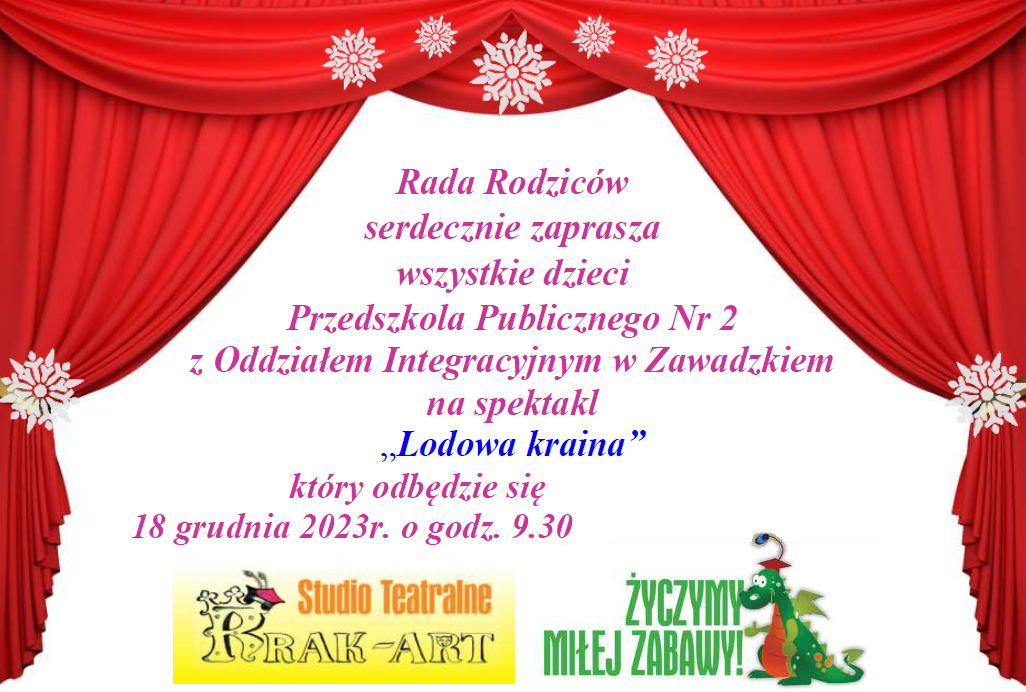 Plakat informujący o teatrzyku "Lodowa kraina" w dniu 18.12.2023r.