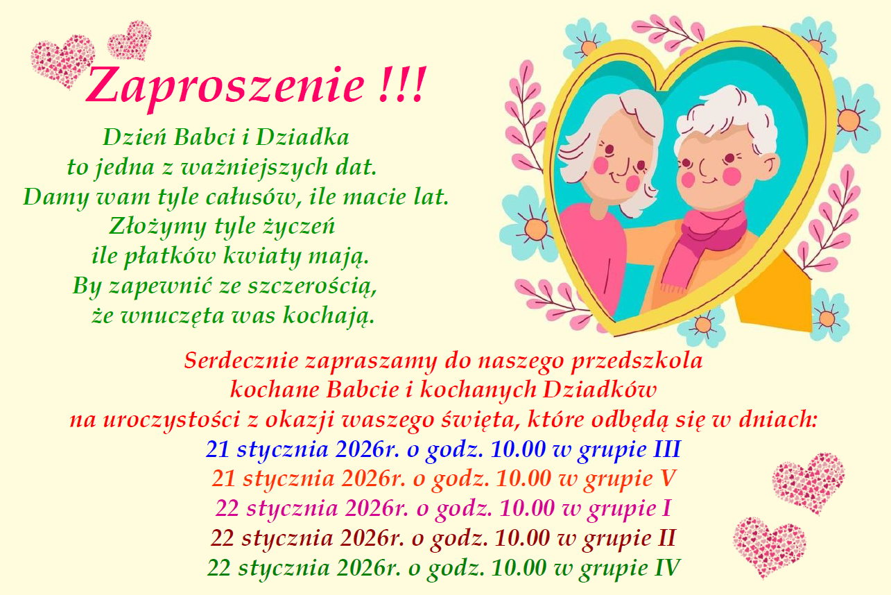 Plakat o uroczystości Dnia Babci i Dziadka w dn. 21 i 22 stycznia 2026r. godz. 10