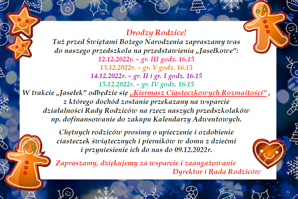 Plakat informujący o spotkaniach jasełkowych w miesiącu grudniu 2022r. oraz o "Kiermaszu Ciasteczkowych Rozmaitości" w dniach 12-15.12.2022r.