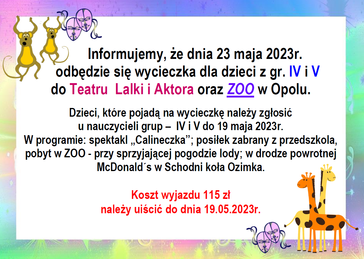 Plakat informujący o wycieczce dla starszków do Teatru i Zoo w Opolu w dniu 23.05.2023r.