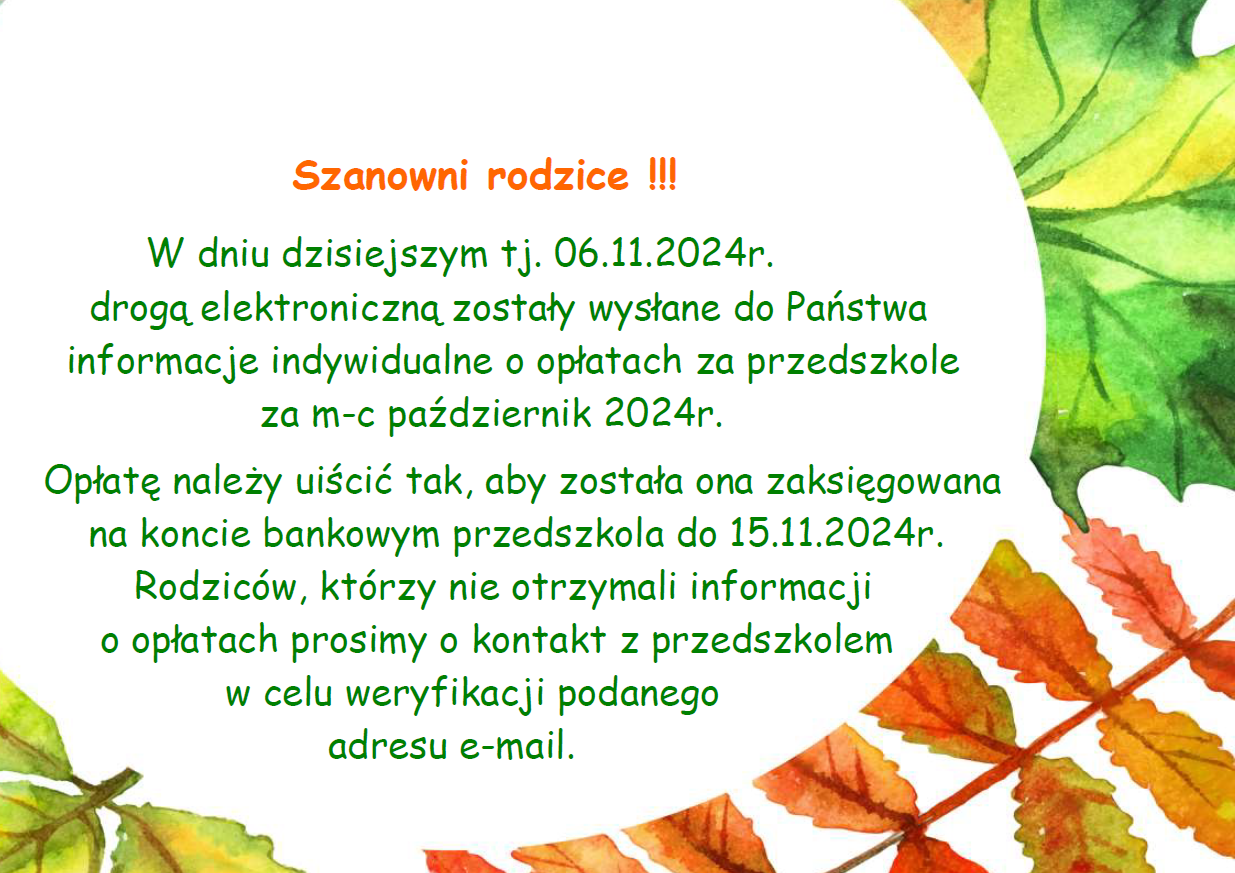 Plakat infomormujący o opłatach za m-c październik 2024r.