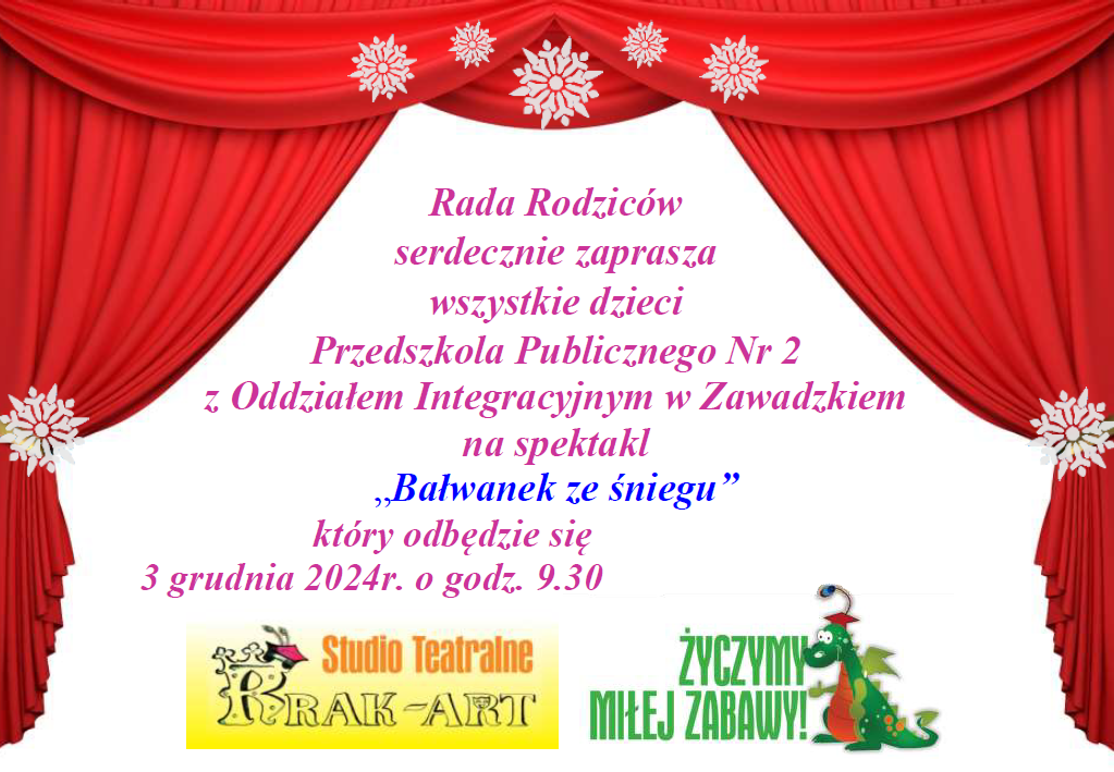 Plakat informujący o teatrzyku w przedszkolu w dniu 3 grudnia 2024r.