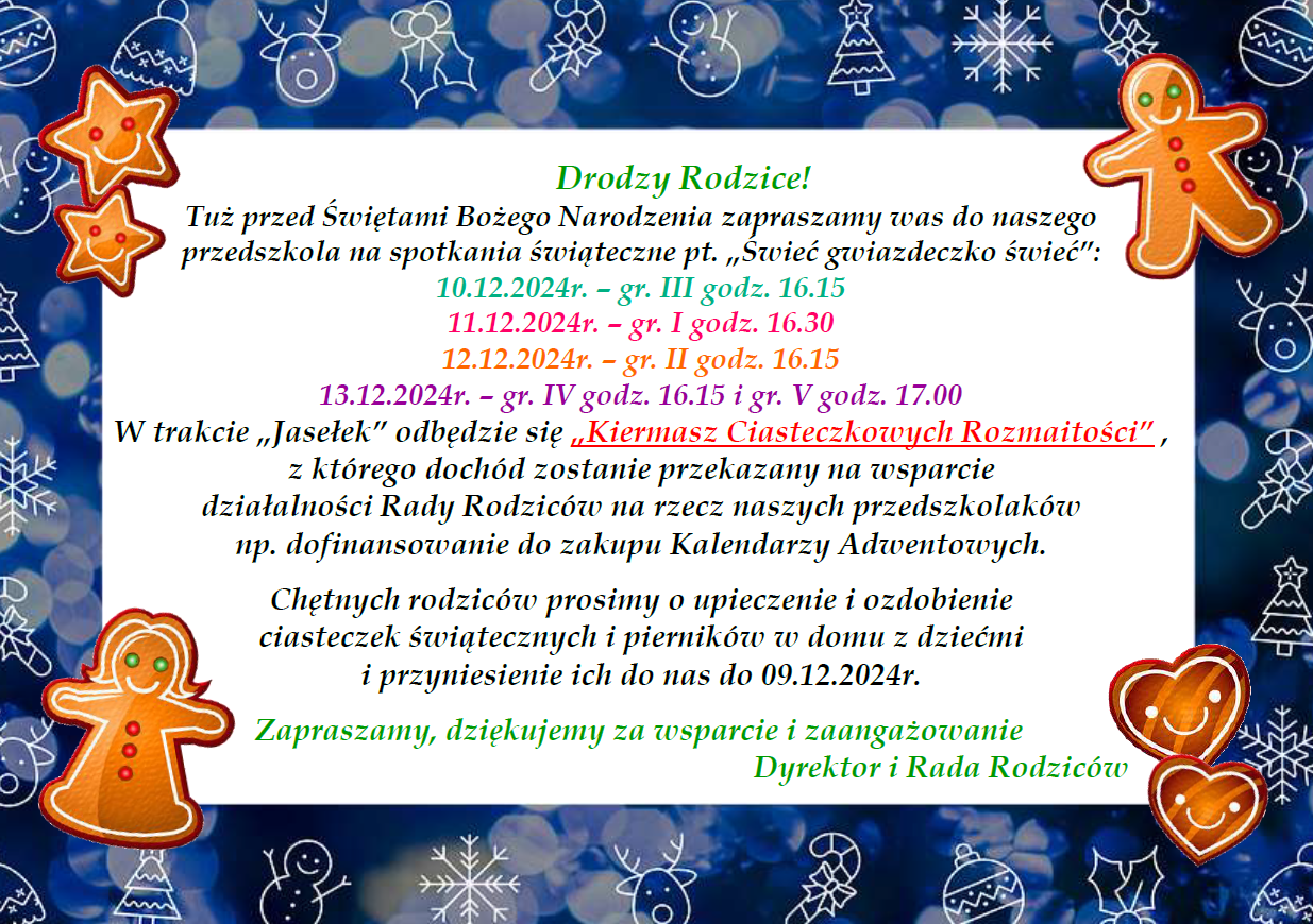 Plakat informujący o spotkaniach świątecznych w dniach 10-13.12.2024r. w poszczególnych grupach