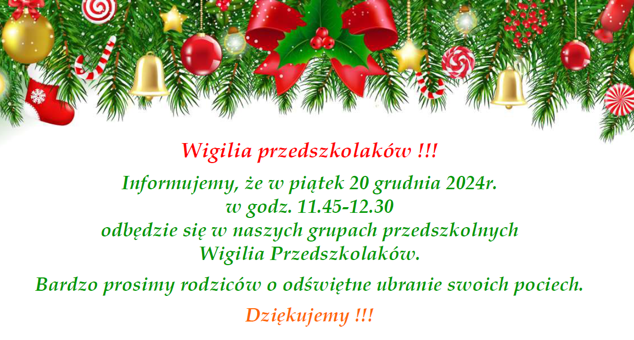 Plakat informujący o wigili przedszkolnej, która odbędzie sie 20.XII.2024r. o godz. 11.45