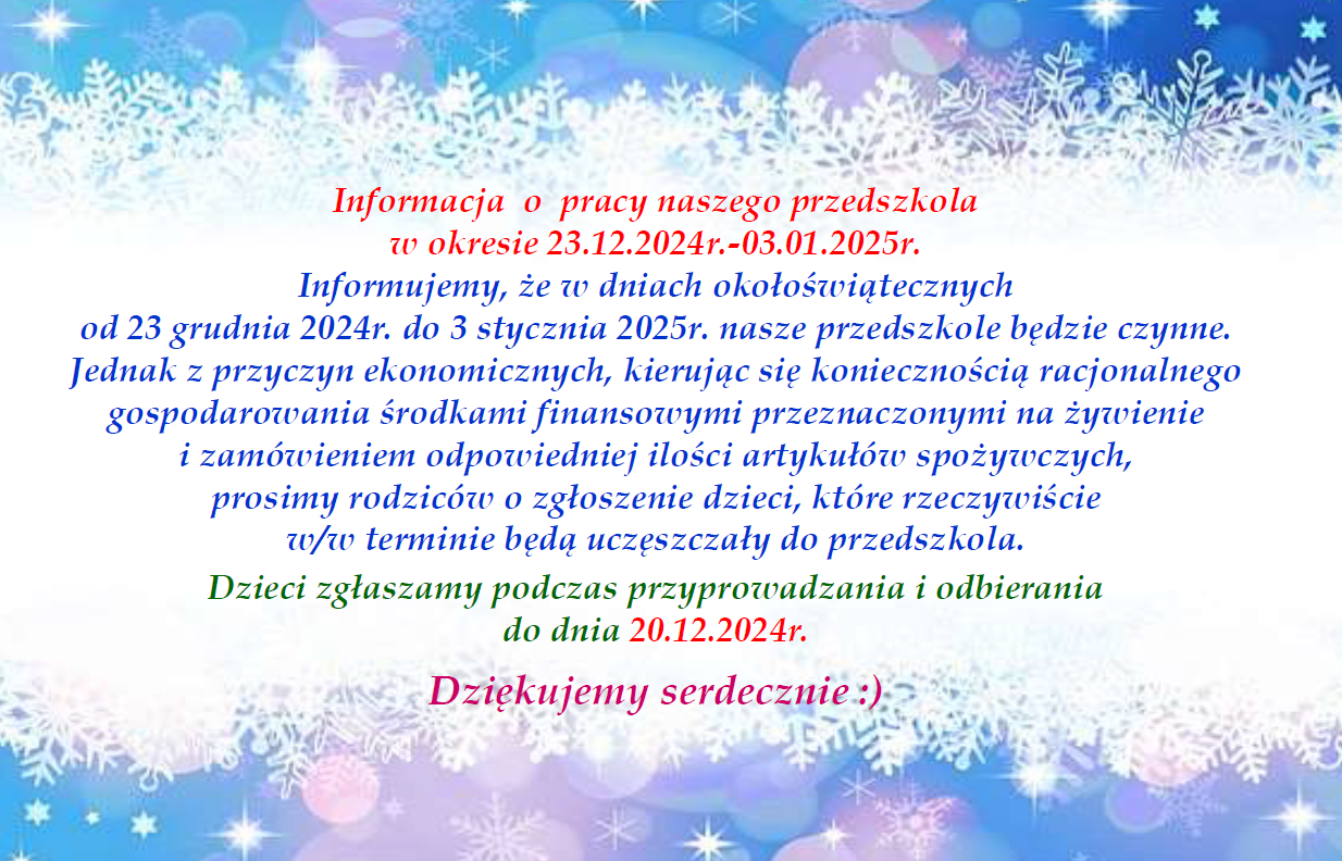 Plakat informujący o pracy przedszkola w dniach 23.12.2024r.-03.01.2025r.