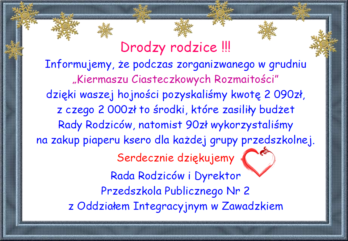 Plakat z podziękowaniami od Rady Rodzicówza udział w charytatywnym Kiermaszu Cisteczkowych Rozmaitości