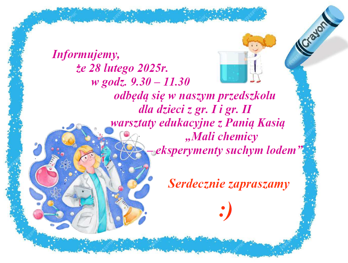 Plakat informujący o warsztatach, które odbęda się w przedszkolu 28.02.2025r. o godz. 9.30