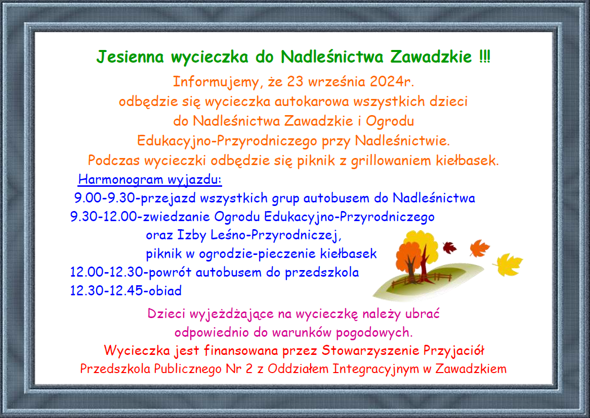 Plakat informujący o wycieczce dzieci do Nadleśnictwa Zawadzkie w dniu 23.09.2024r.