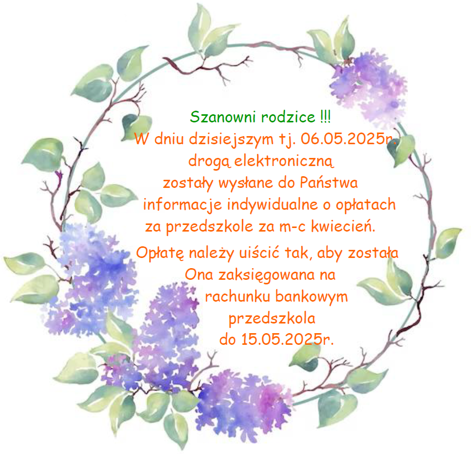 Plakat informujący o opłatach za przedszkole za m-c kwiecień 2025r.