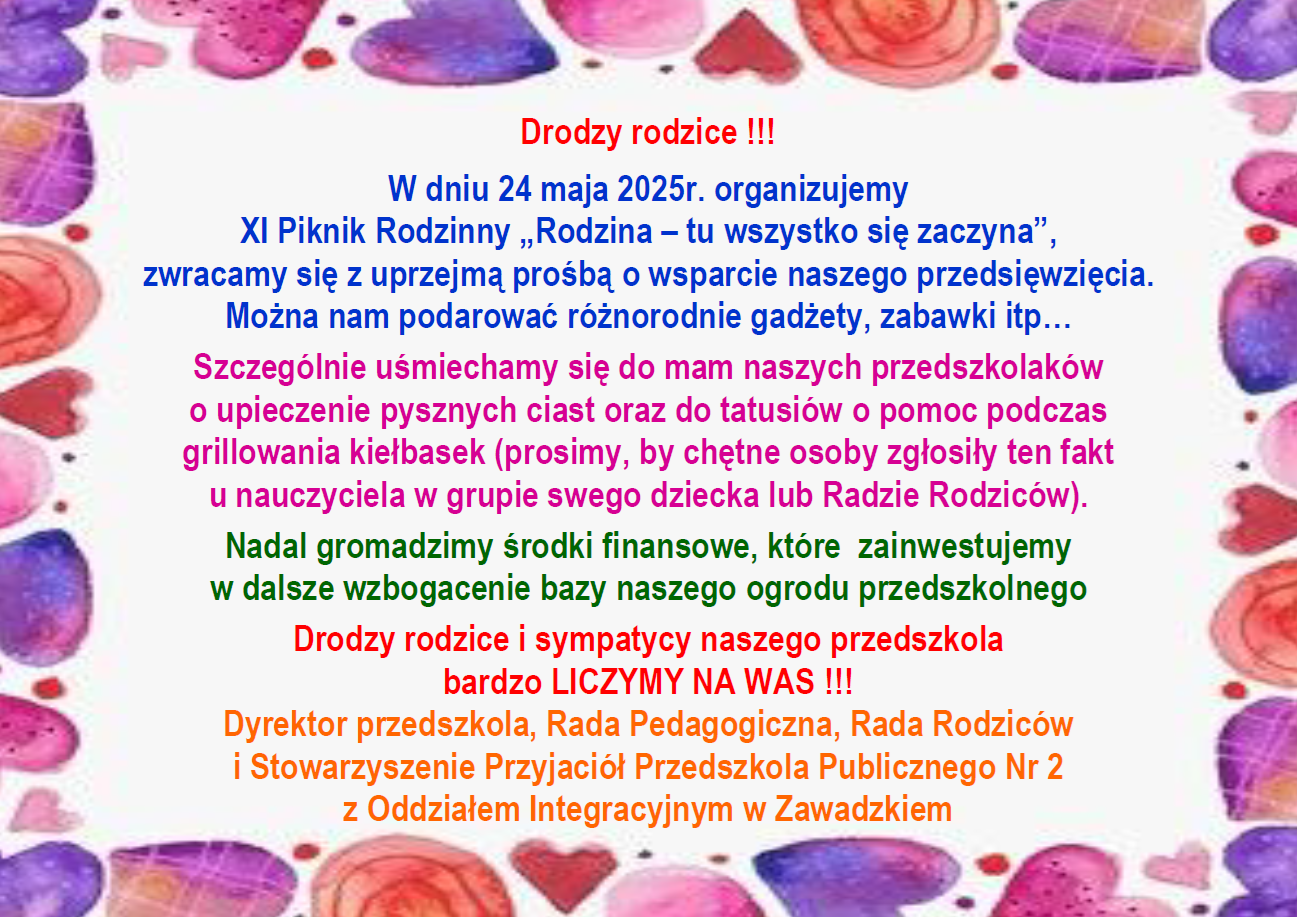 Plakat informujący o pikniku rodzinnym w dniu 24 maja 2025r.