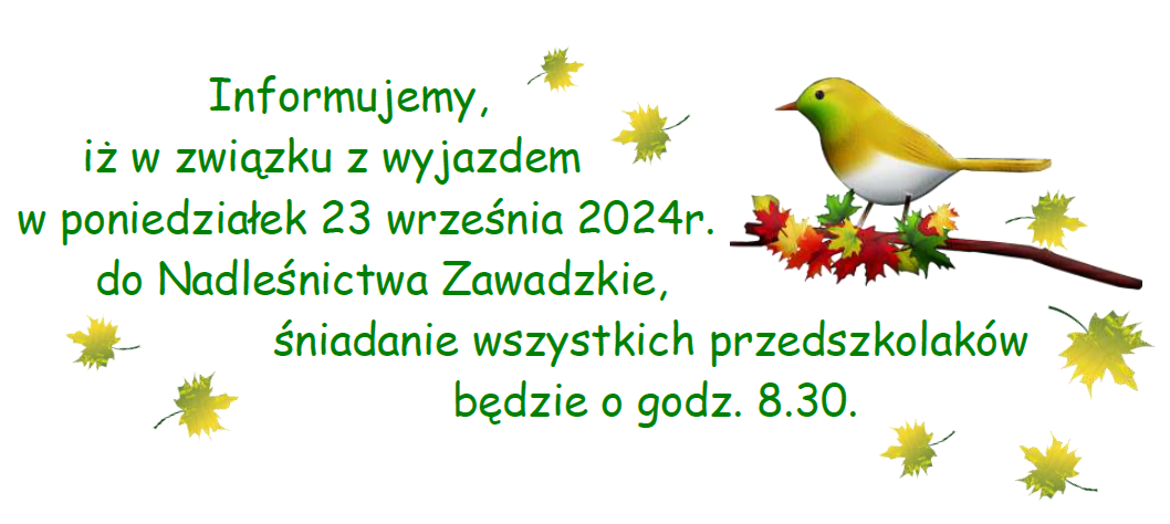 Plakat informujący o wcześniejszym śniadaniu o godz. 8.30 w dniu 23.09.2024r.