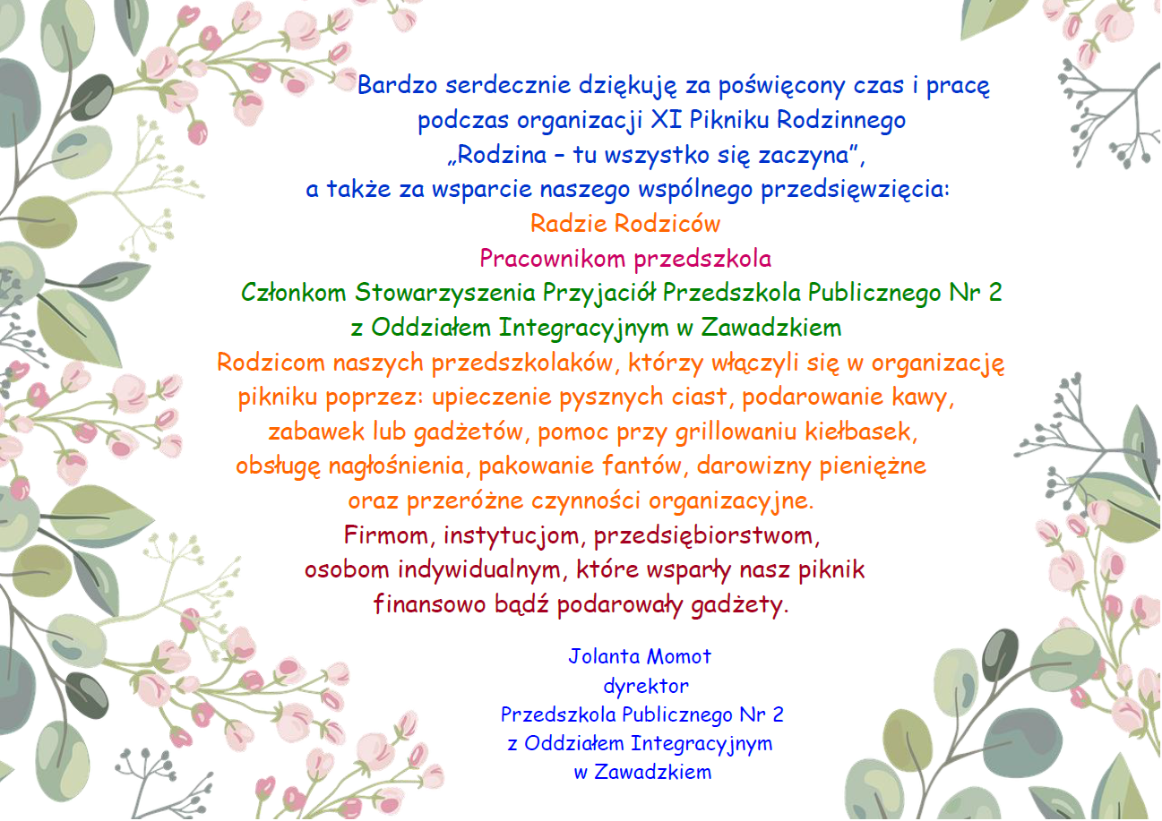 Plakat z podziękowaniami za pomoc w Pikniku Rodzinnym