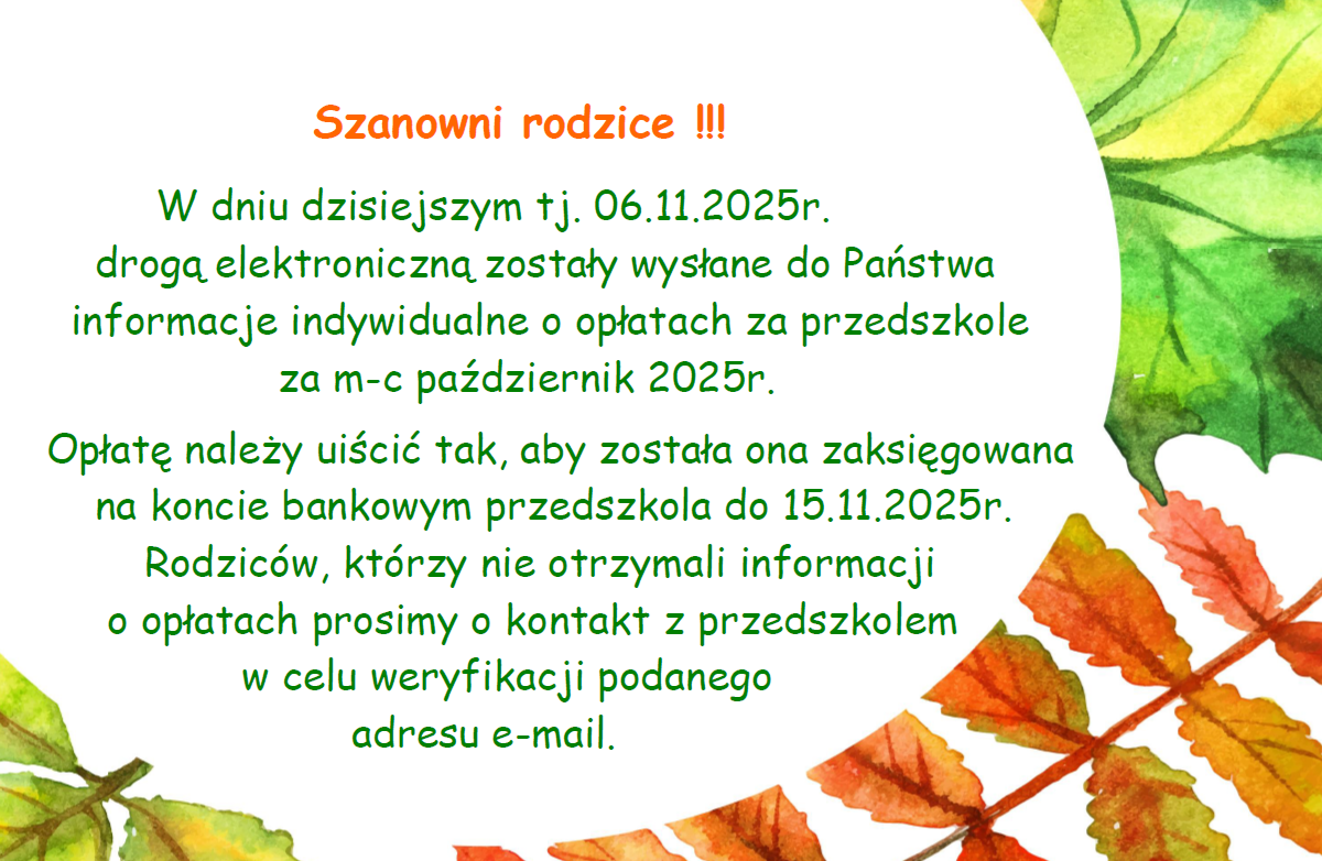 Plakat informujący o wysłaniu informacji o opłatach za m-c październik 2025r.