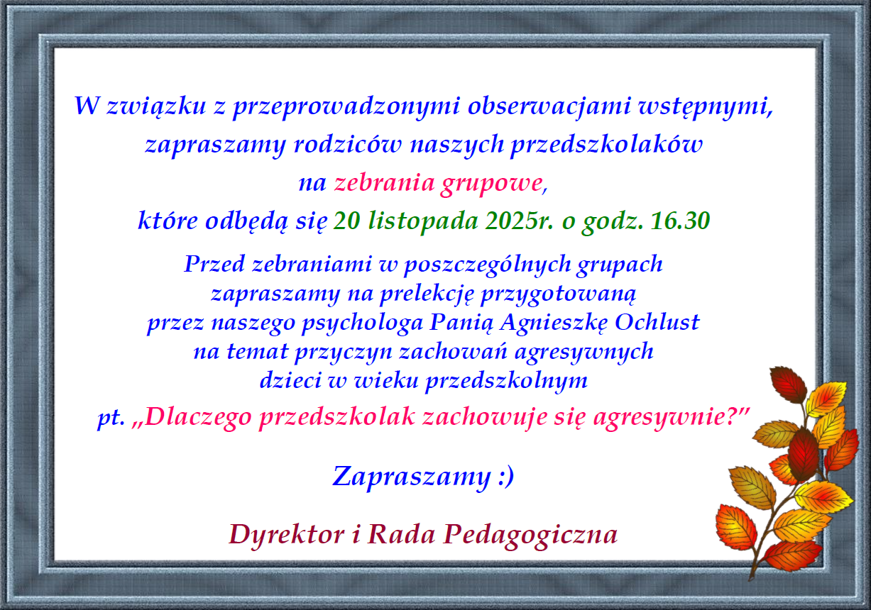 Plakat informujący o zebraniach grupowych z rodzicami w dniu 20.11.2025r., godz. 16.30