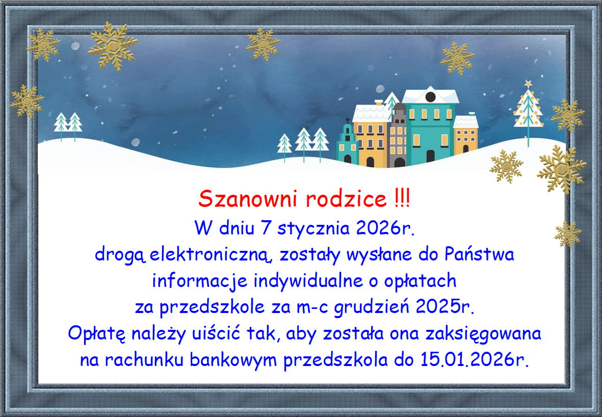 Plakat informujący o opłatach za m-c grudzień 2025r.