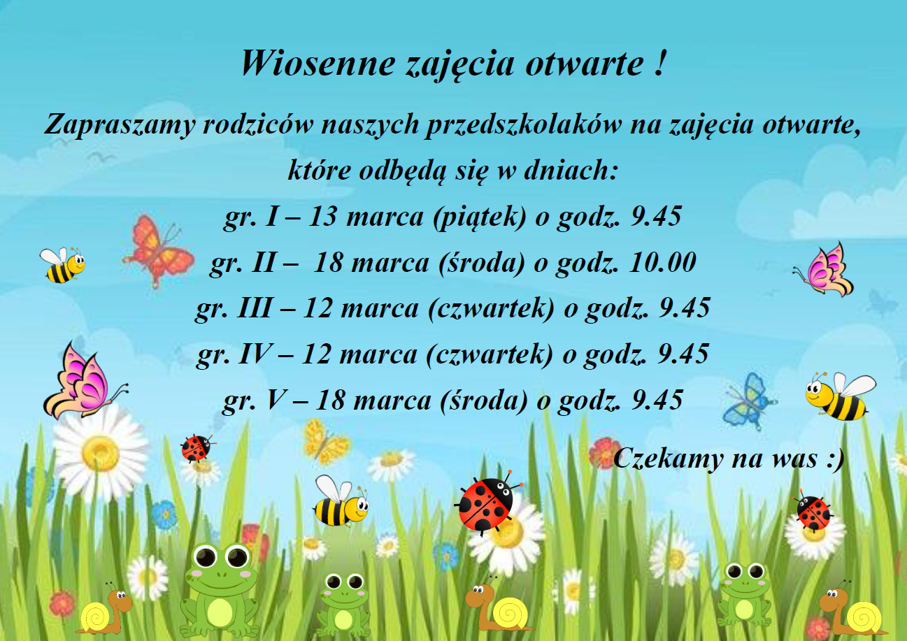 Plakat informujący o zajęciach otwartych w poszczególnych grupach