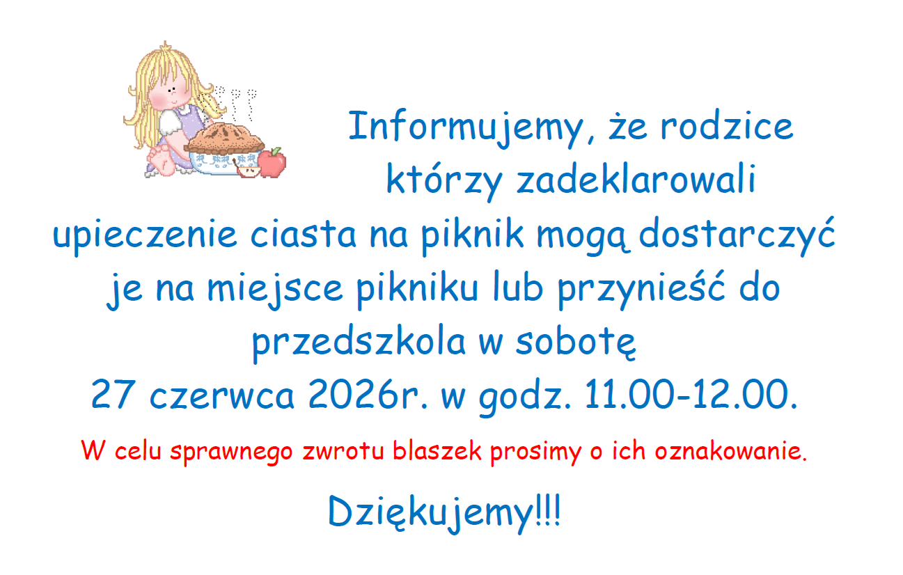 Plakat informujący o dostarczeniu ciast na piknik 27.06.2026r.