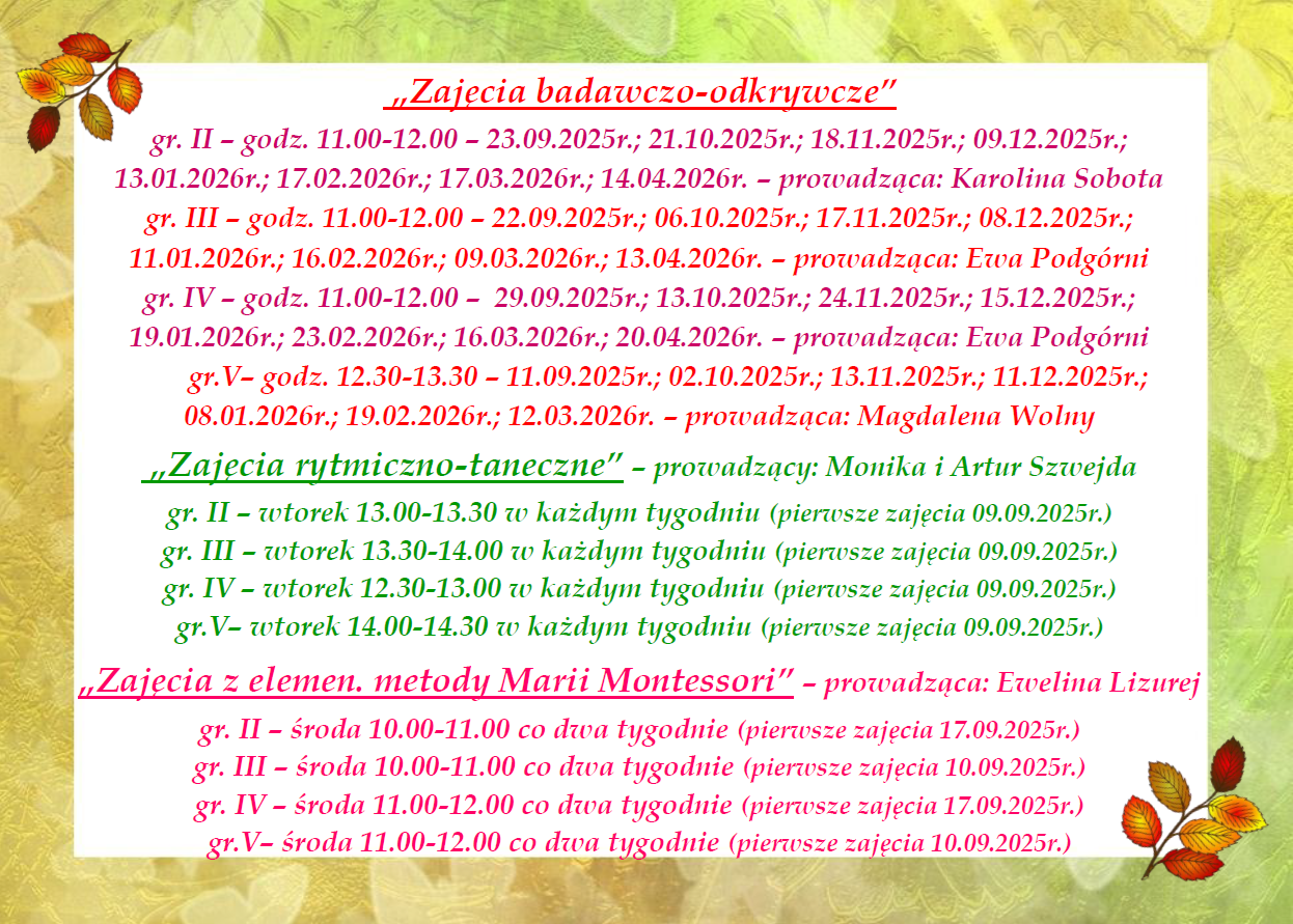 Plakat informujący o zajęciach dodatkowych