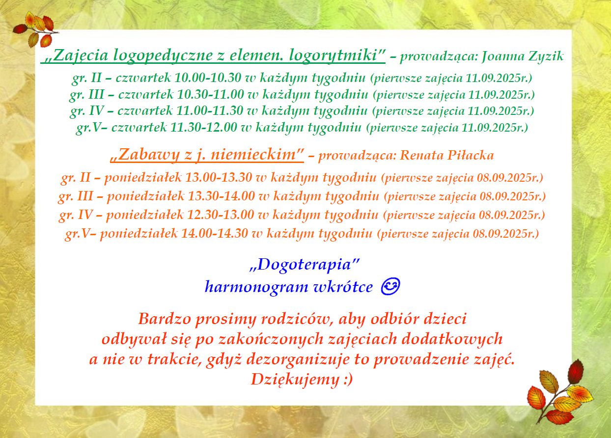 Plakat informujący o zajęciach dodatkowych