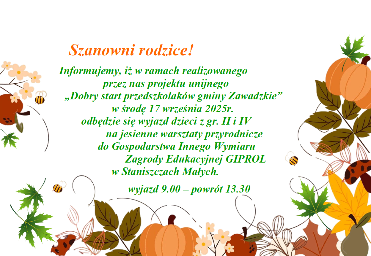 Plakat informujący o wycieczce gr. II i IV do Giprol Staniszcze małe w dniu 17.09.2025r. godz. 9.00-13.30