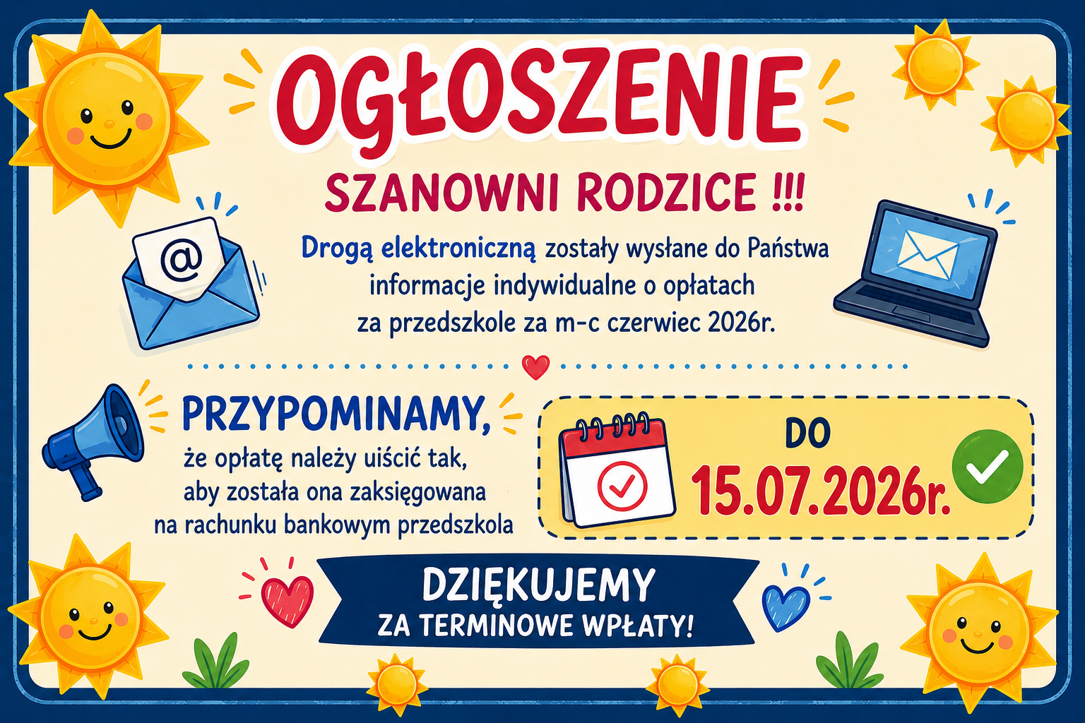 Plakat informujący o opłatach za przedszkole za m-c czerwiec 2026r.
