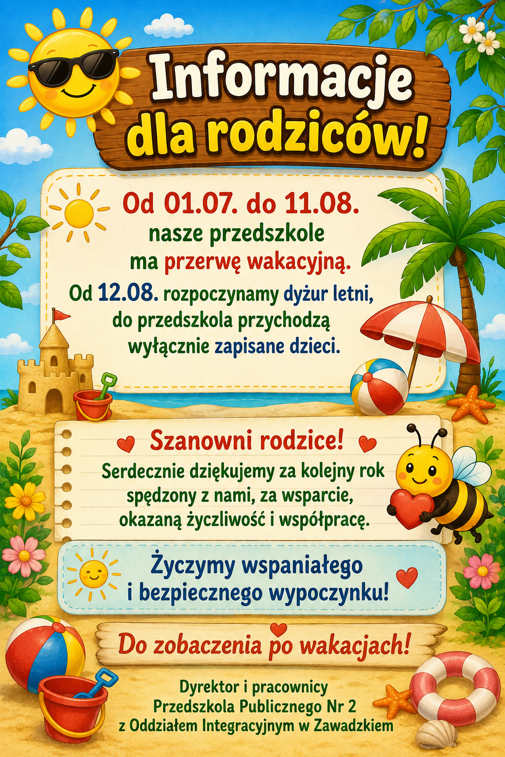 Plakat z informacjami wakacyjnymi dla rodziców
