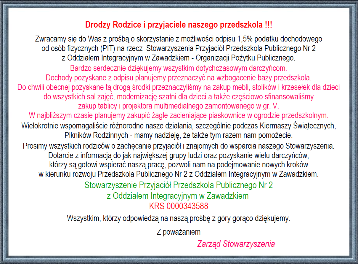 Plakat zachęcający do wpłaty 1,5 procent podatku na rzecz Stowarzyszenia Przyjaciół Przedszkola nr 2 w Zawadzkiem