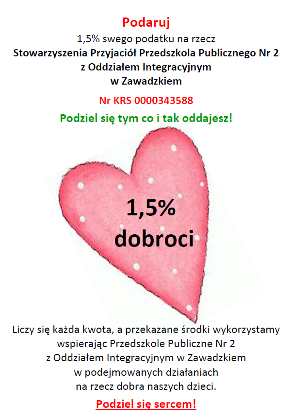 Plakat zachęcający do wpłaty 1,5 procent podatku na rzecz Stowarzyszenia Przyjaciół Przedszkola nr 2 w Zawadzkiem