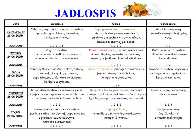 Plakat informujący o jadłospisie w dn. 23.06.-27.06.2025r.