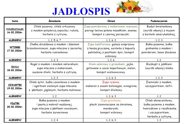Plakat przedstawiający jadłospis na dni 16-20.02.2026r.