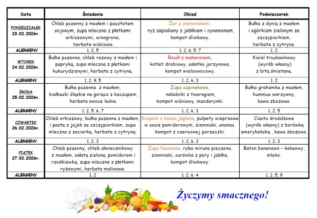 Plakat przedstawiający jadłospis na dni 23-27.02.2026r.