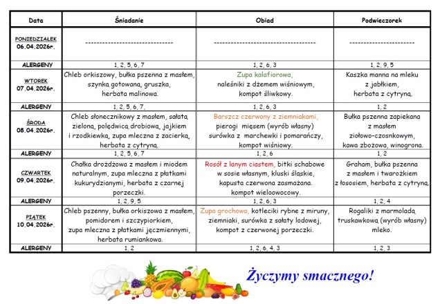Plakat przedstawiający jadłospis na dni 07-10.04.2026r.