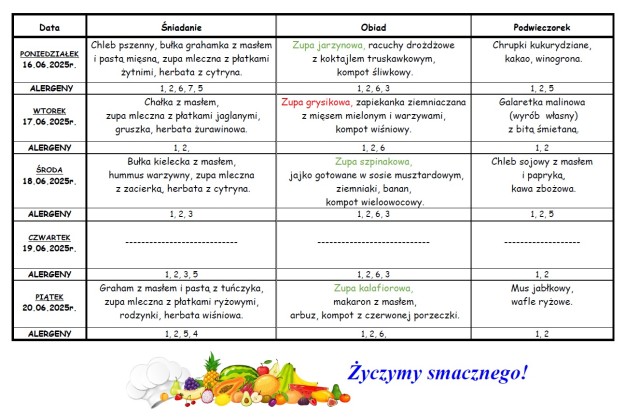 Plakat informujący o jadłospisie w dn. 16.06.-20.06.2025r.